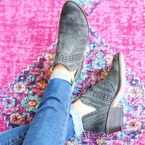 Vince Camuto Laser Cut Gray Green Suede Booties